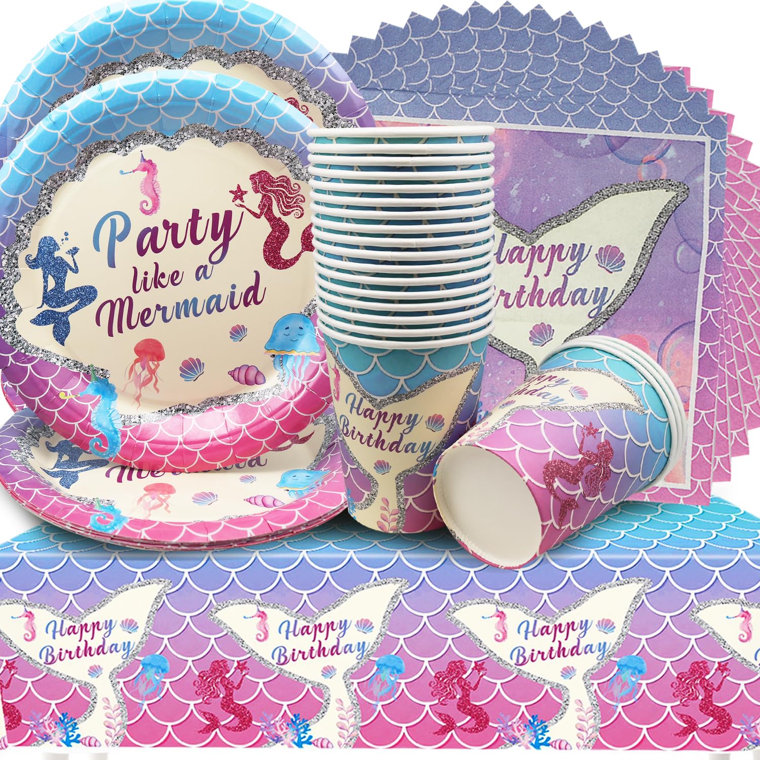 Set di 61 stoviglie per 20 ospiti, accessori per feste di compleanno, decorazione da tavolo a sirena, piatti, tazze, tovaglioli, tovaglioli