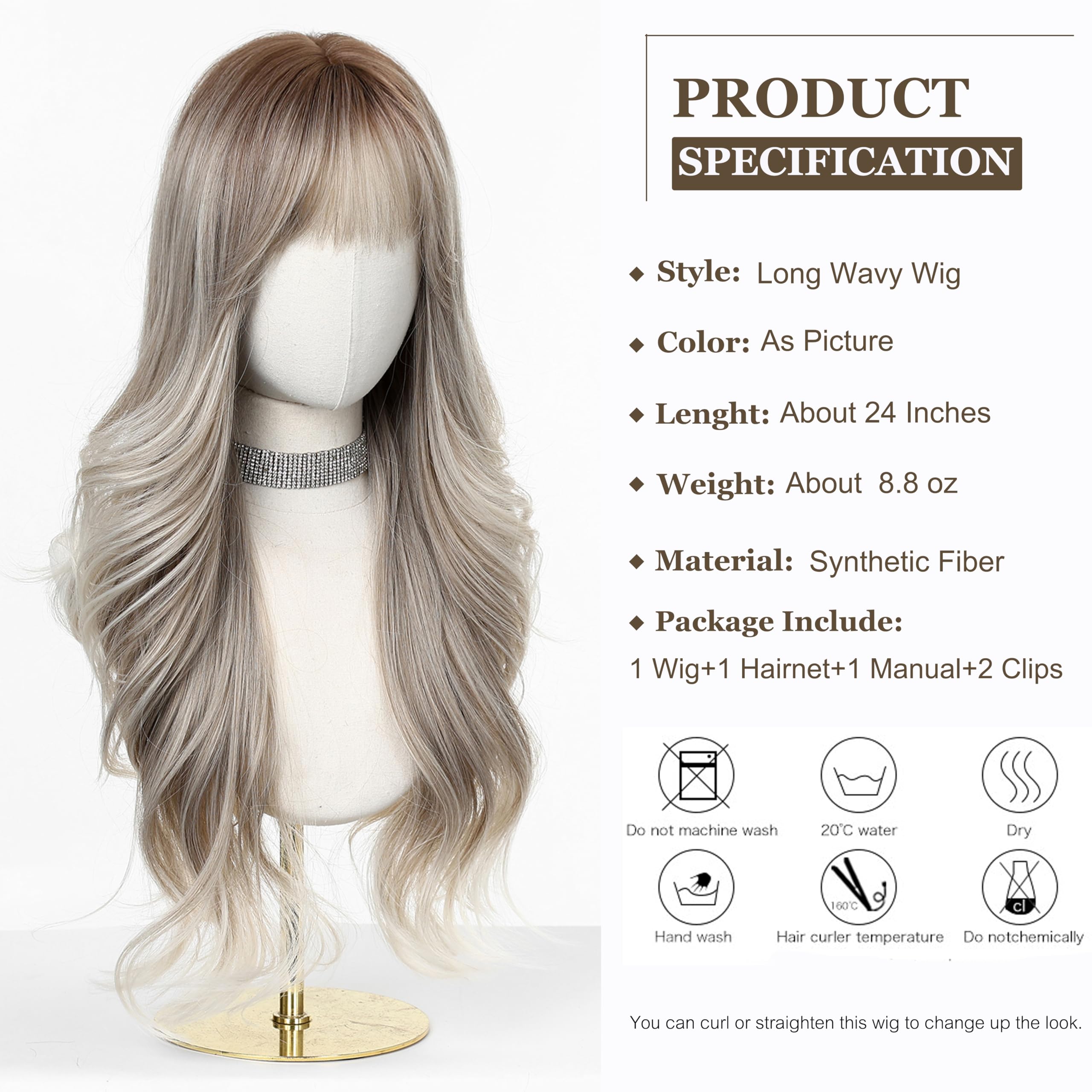 Esmee Parrucche Lunghe Ondulate Bionde per Donne con Frangia Capelli Sintetici Naturali con Ombre per Uso Quotidiano e per Feste