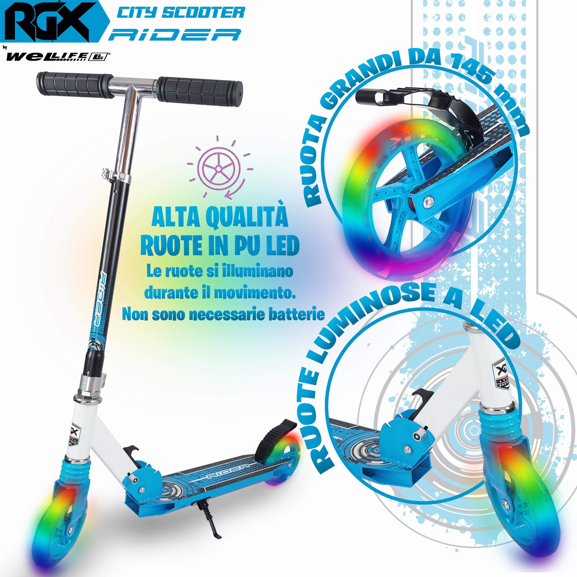 WeLLIFE Rider Monopattino Pieghevole per Bambini e Ragazzi, Urban Scooter in Alluminio con Ruote LED da 145 mm, Manubrio Regolabile in 3 Altezze, Freno a Pedale, fino a 100 kg