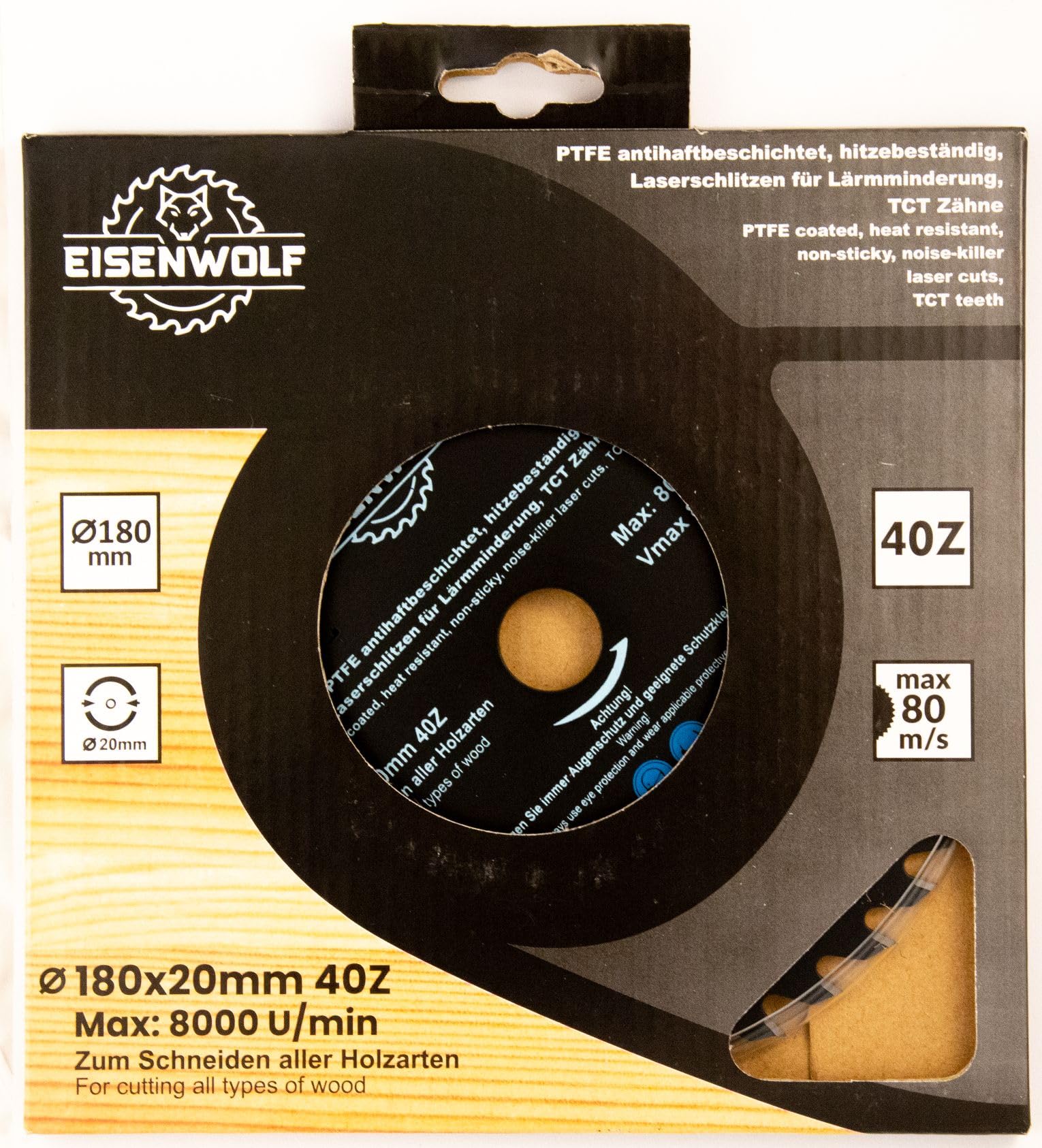 Eisenwolf 180x20 mm lama circolare sottile per legno completamente temprata e tensionata, resistente e durevole, con 40 denti TCT inclinati e tagli laser per la riduzione del rumore