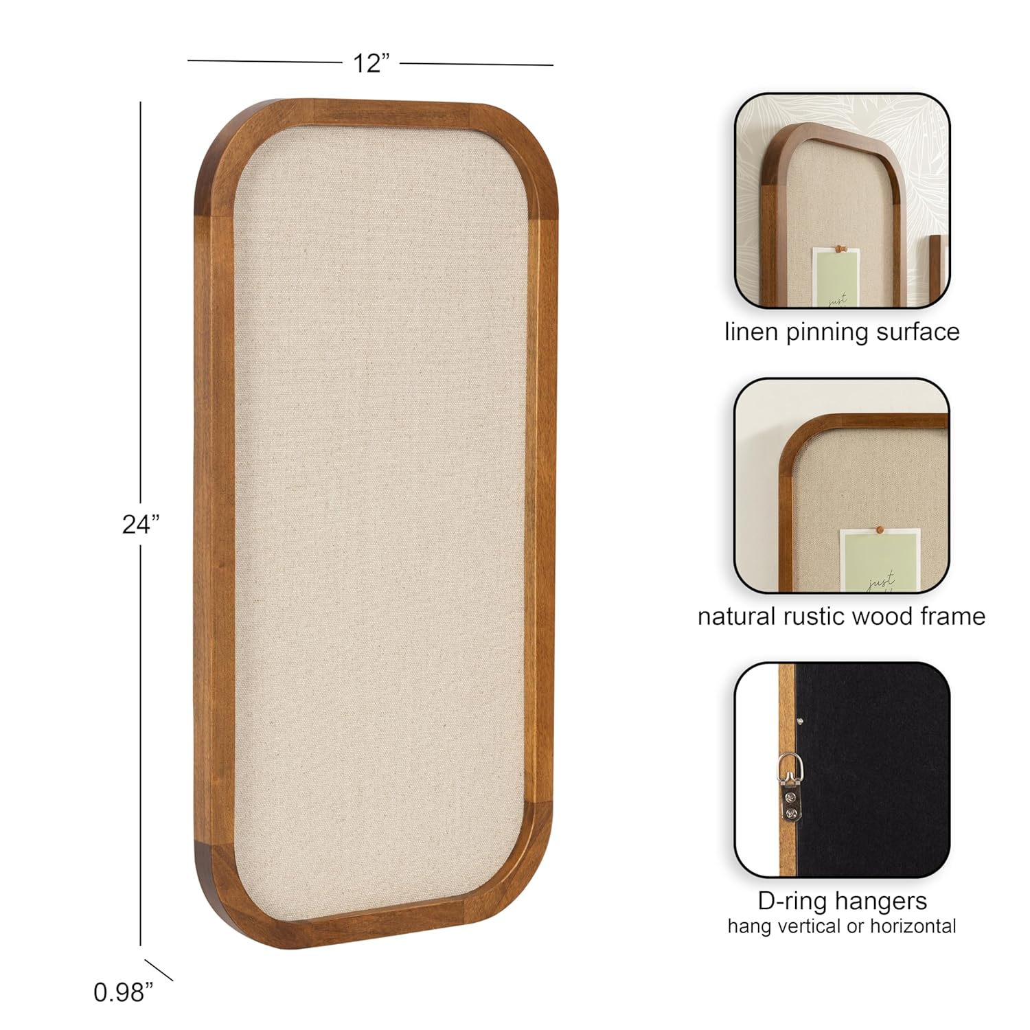 Kate and Laurel Hutton Transitional Wall Pinboard, 12 x 24, Natural Rustic, Modern Rounded Rectangle Wall Organizer for Use as Cork Board, Vision Board, or Bulletin Board