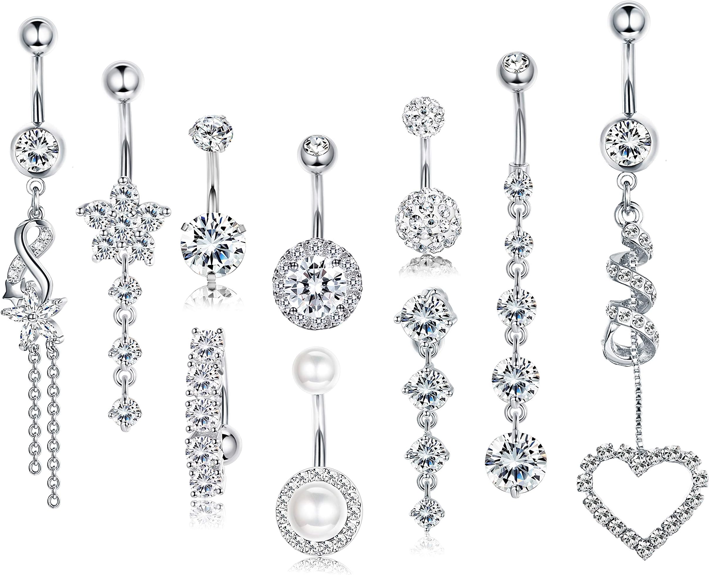 10 Pcs 14G Stainless Steel Belly Button Rings for Women Navel Piercing Barbell Body Jewelry CZ Inlaid