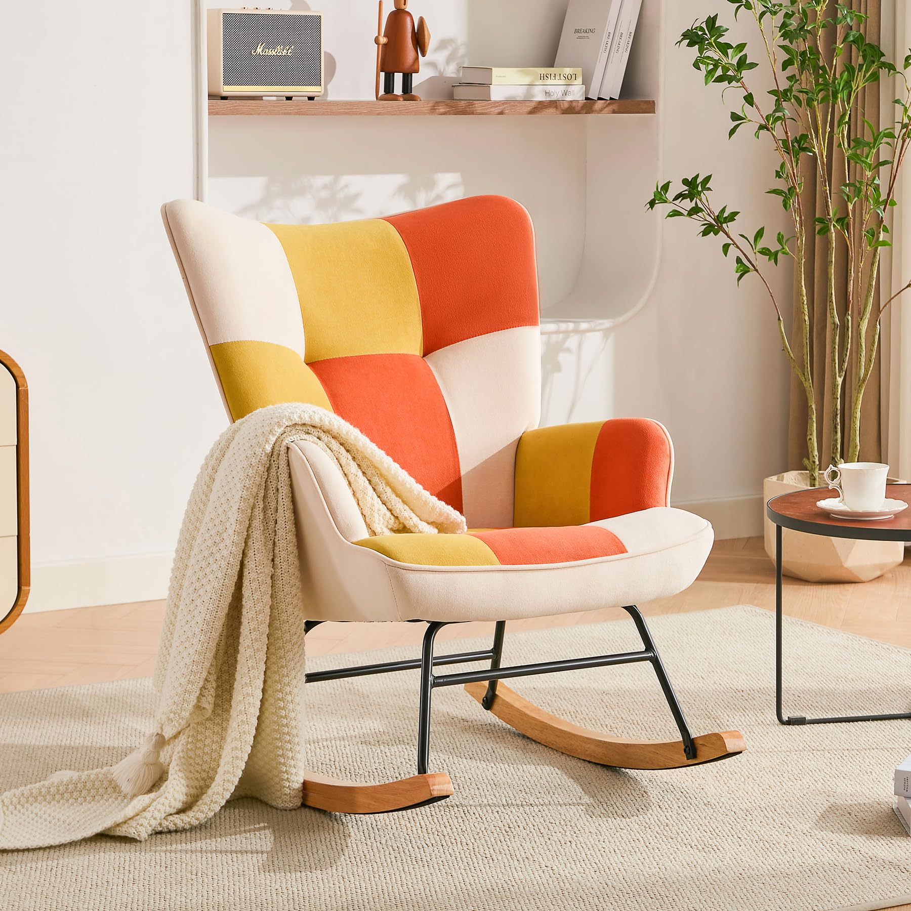 Mecedora de Terciopelo para habitación Infantil, con Estructura de Metal y Base de Madera, tapizada, para salón, Ocio, para salón, Dormitorio (Mecedora de Patchwork, Naranja y Amarillo)