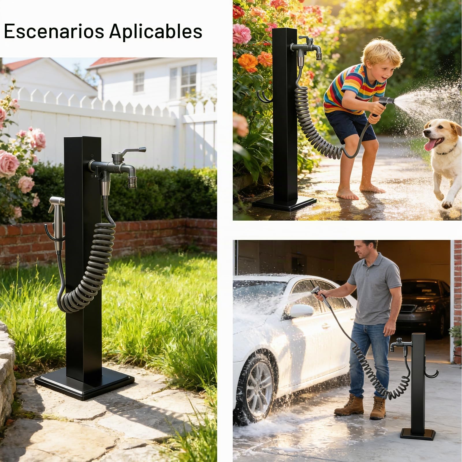 Columna de Agua para Jardin con Grifo, Dos Entradas de Agua, Grifo Exterior Jardin con Soporte Manguera y Pistola Rociadora, Fuente Jardin Exterior para Jardines, Granjas (Grande)