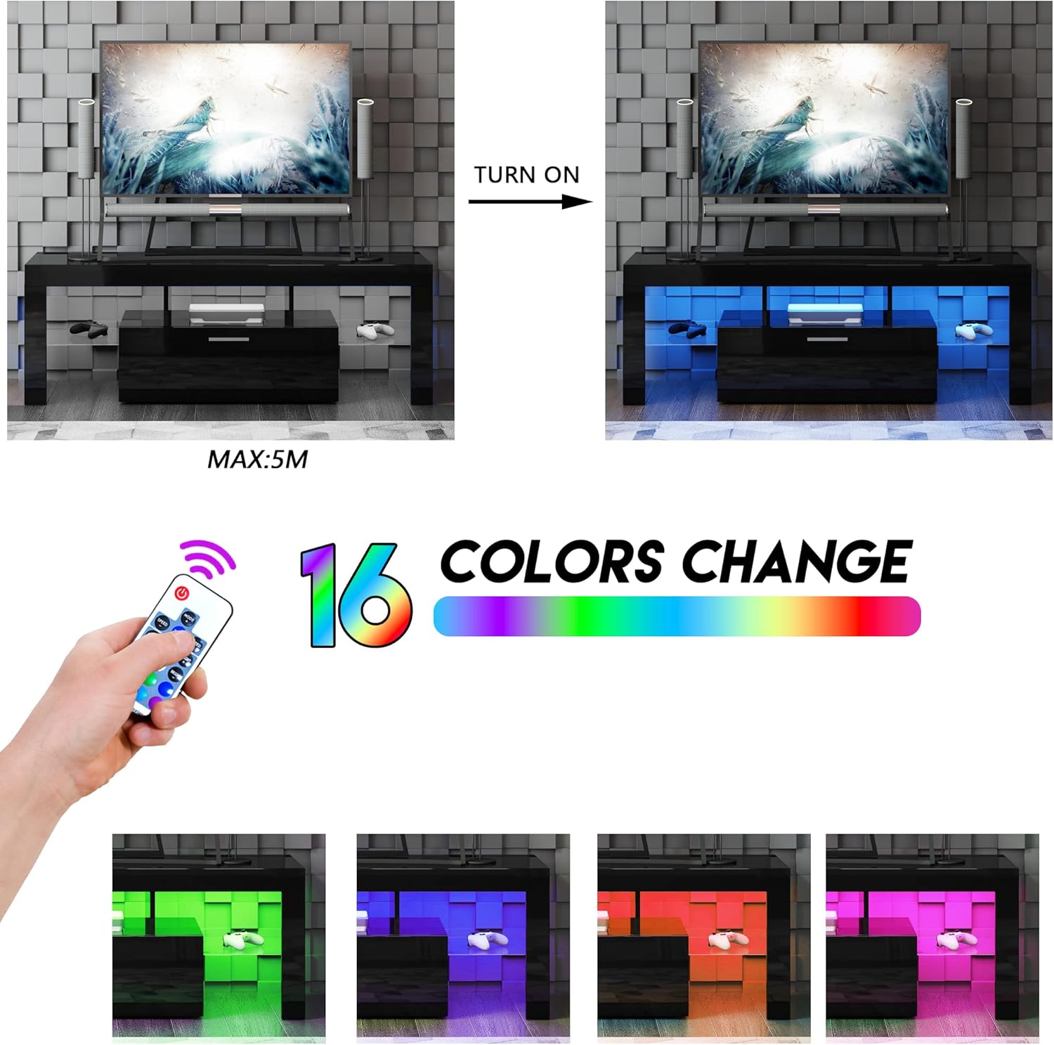 LED Black TV Stand for 55 Inch TV, Modern Gaming Entertainment Center, Small Television Stands with Storage and Glass Shelves, Media TV Console Table for Living Room Bedroom
