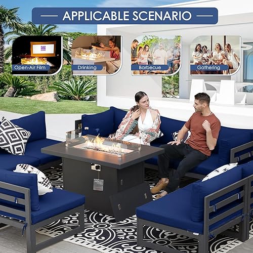 Miniatura 362 de NICESOUL 7 Piece White Powder-Coated Aluminum Patio Furniture with Fire Pit Table, 29 Inch Extra Wide Outdoor Sectional Sofa for 6, High-End Heavy