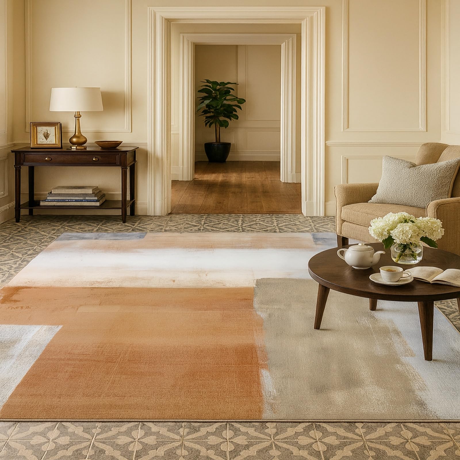 Tapis abstract beige gris bleu facile à nettoyer pour salle à manger