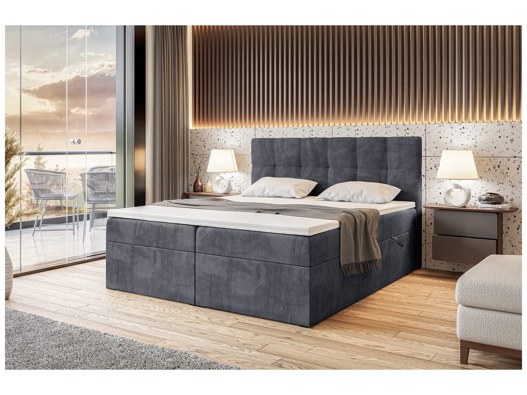MEBLINI Boxspringbett mit Bettkasten - Gepolstert Doppelbett mit Matratze und Topper - Polsterbett mit Stauraum - Bett mit Kopfteil - Stauraumbett - RACO - 160x200 - H4/Dunkelgrau Samt