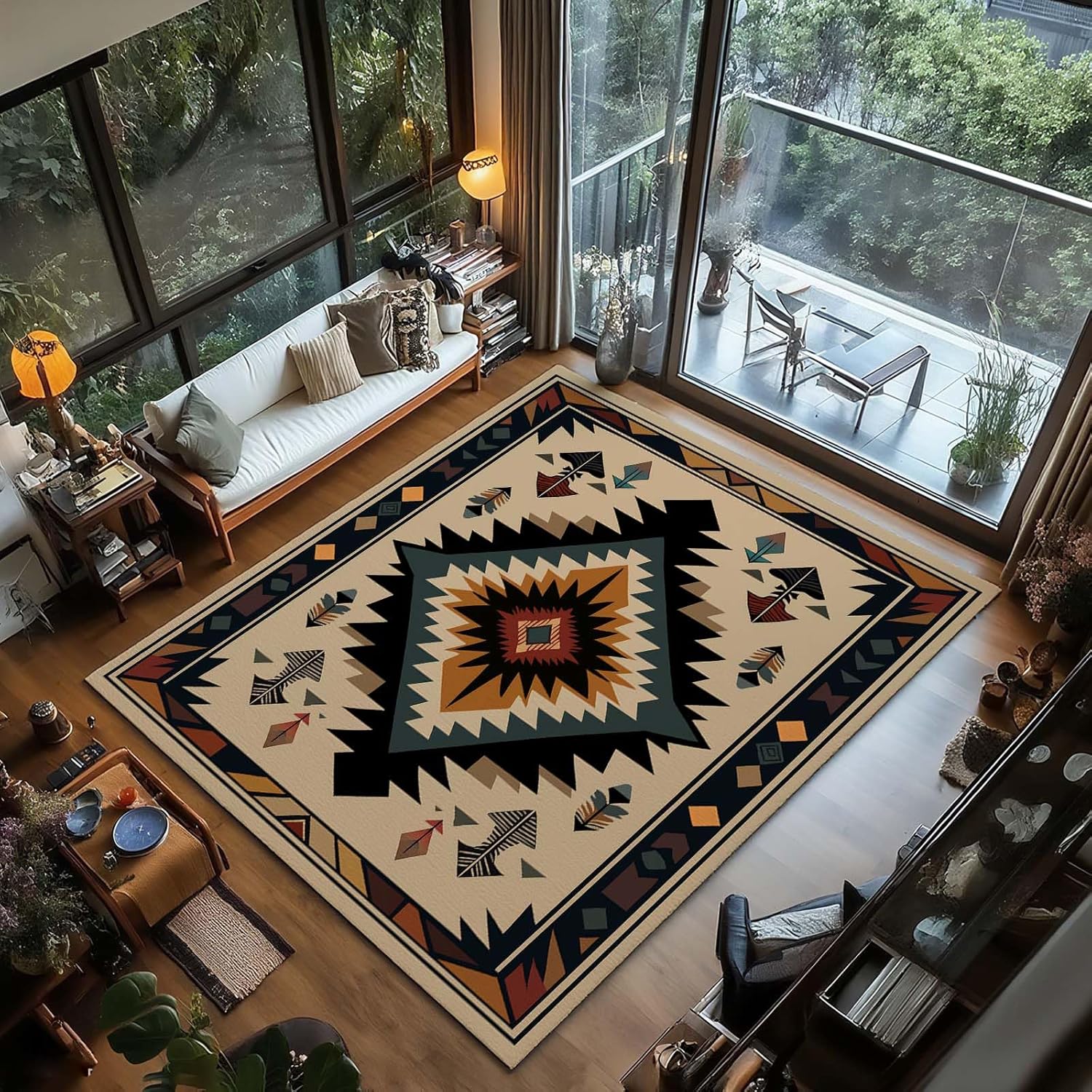 Aztec Southwestern Rug, Aztec Tribal Rug, Native American Rugs, Indian Navajo Rugs, Vintage Carpet, Washable Southwestern Tribal Carpet for Living Room, Bedroom (7' x 9'(Rectangular))