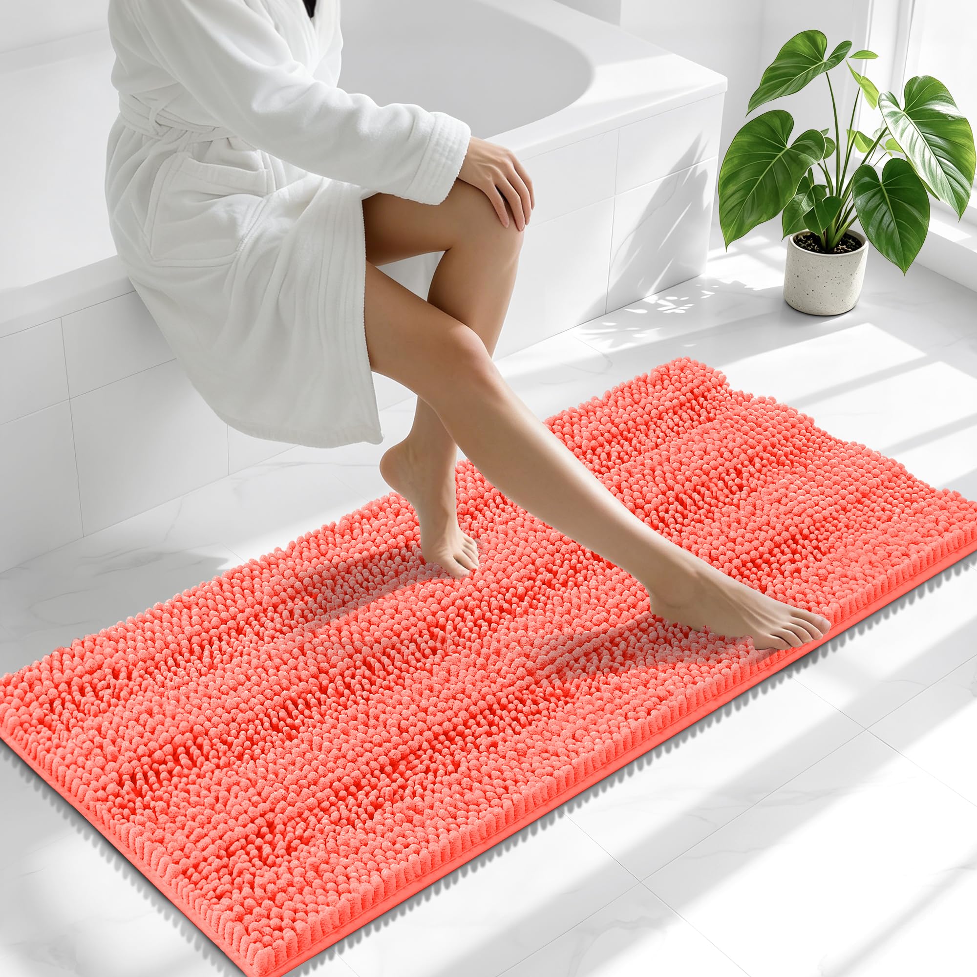 Smiry Thick Chenille Bathroom Runner Rugs 47x20, Absorbent Bath Mat, Coral
