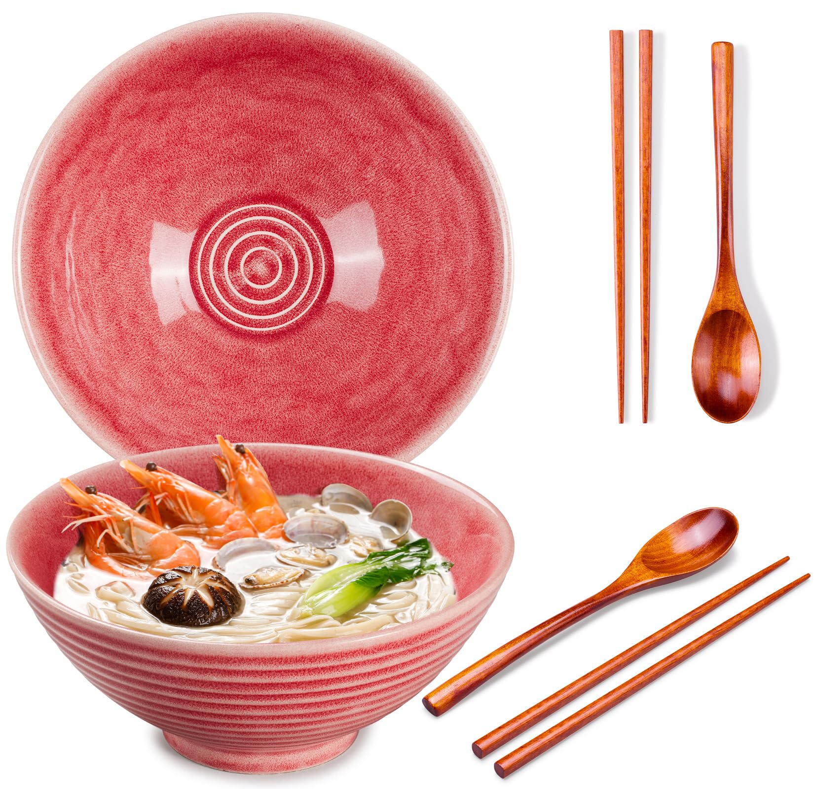 Ceraozmus Ramen Bowl Set Made of Ceramic Set of 8, 2X Ramen Bowl with Chopsticks Ceramic Bowl & Frame Spoon for Asian Noodles and Udon (Pink 2 Sets)