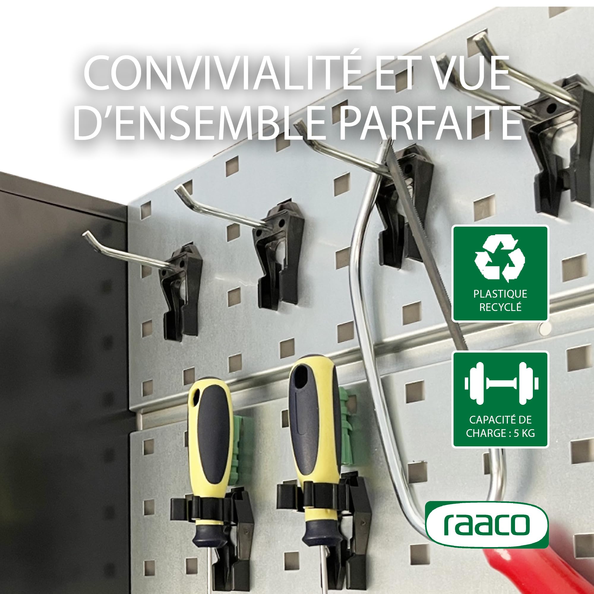 Raaco Crochets Simples Clip 1-60 pour Panneau Perforé et Mur d'Outils, Longueur 60 mm, 5kg max, Idéal pour Marteaux, Tournevis, Pinces et Plus, Crochet Porte Outils en Acier et Polyacétal, Lot de 5