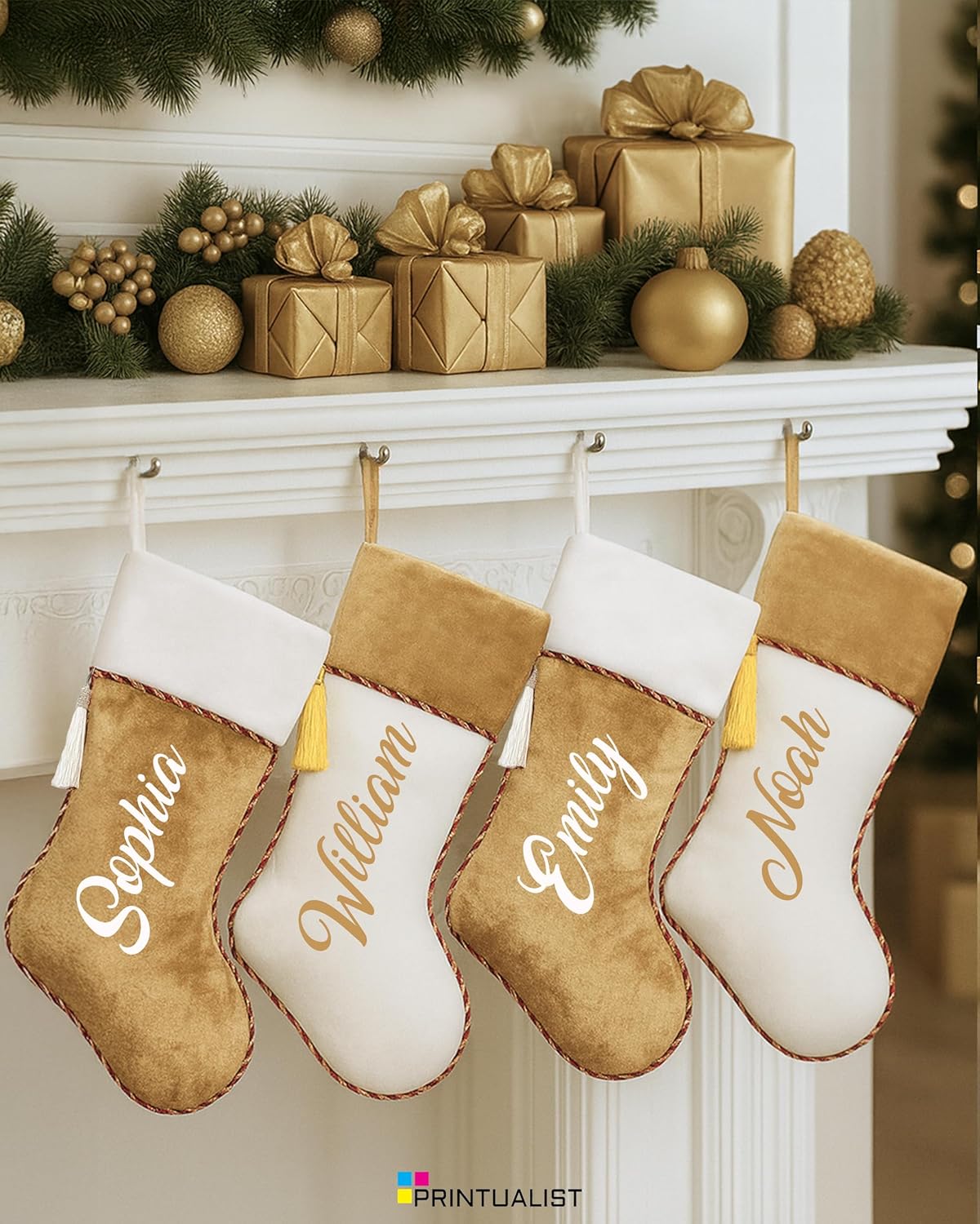 Printualist Personalized White & Gold Velvet Christmas Stockings with Tassel - Custom Farmhouse Holiday Decorations for Family - 4 Pack