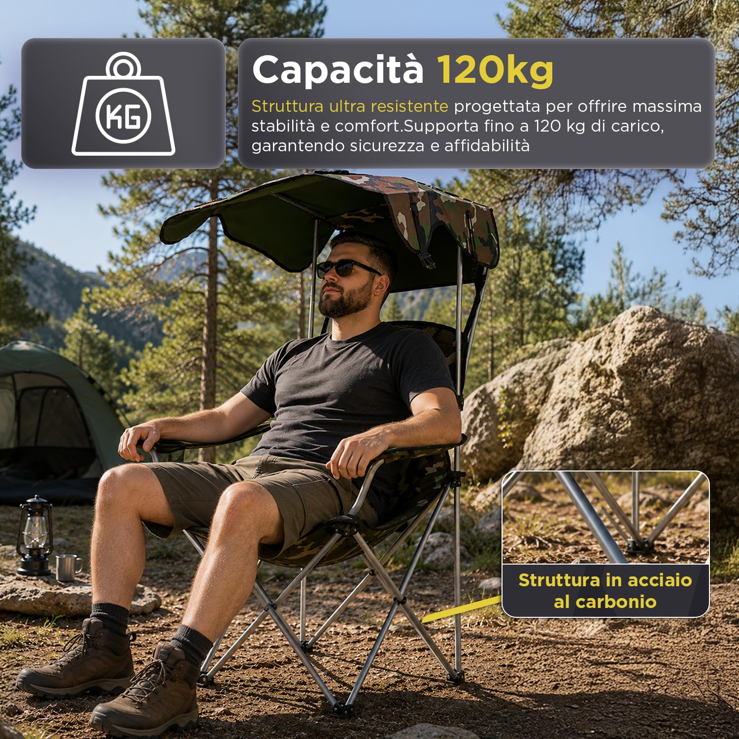 Avilia - Sedia da Campeggio Pieghevole con Tettuccio Parasole – Tessuto Oxford e Acciaio al Carbonio, 120 kg | Sedia Pieghevole Campeggio Camouflage, Aperta L53×P77×A130 cm – Chiusa L19×P19×A87 cm