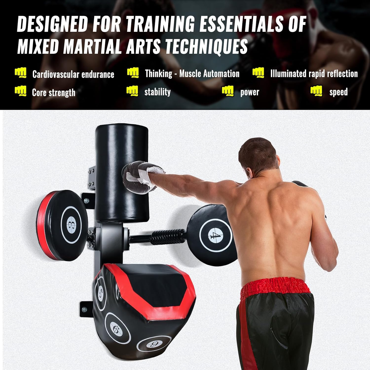 Wall Heavy-Duty Punching Bags Multi-Point Sparring Speed Boxing Target Wall Human Battle Target, Practice Target Columns Rebound Shock Absorption Speed Bar（Red）
