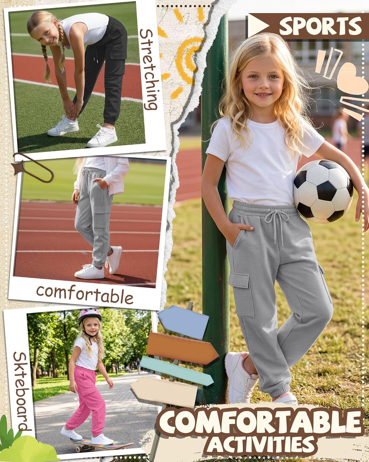 3 Pack Girl's Cargo Sweatpants Joggers Pants Causal Gym Athletic Workout High Waist Fall Outfits with Pocket