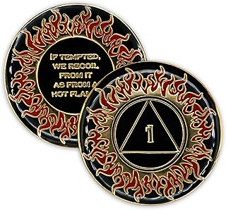 1 Year Sobriety Coin | Flames AA Chip Medallion Recovery Gift Anniversary Token with Alcoholics Anonymous 10th Step Promise Affirmation