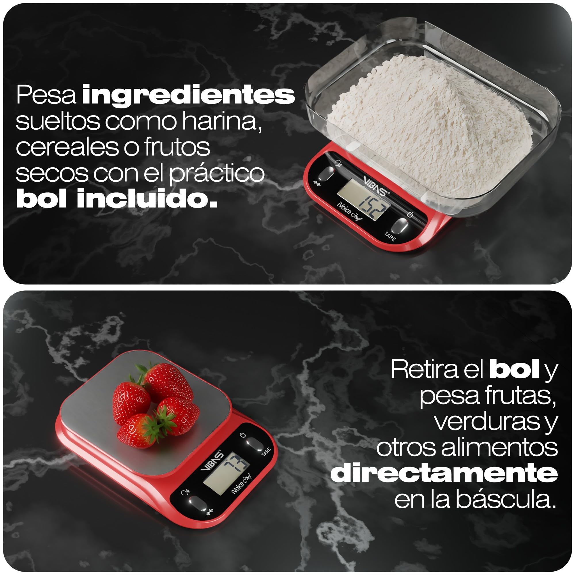 Báscula Parlante VIBAS iVoice Chef con Cuenco, para Mayores y Discapacidad Visual, 5 Idiomas, Señales Sonoras, Repetición del Peso, Volumen Ajustable, Hasta 10 kg, Pilas Incluidas