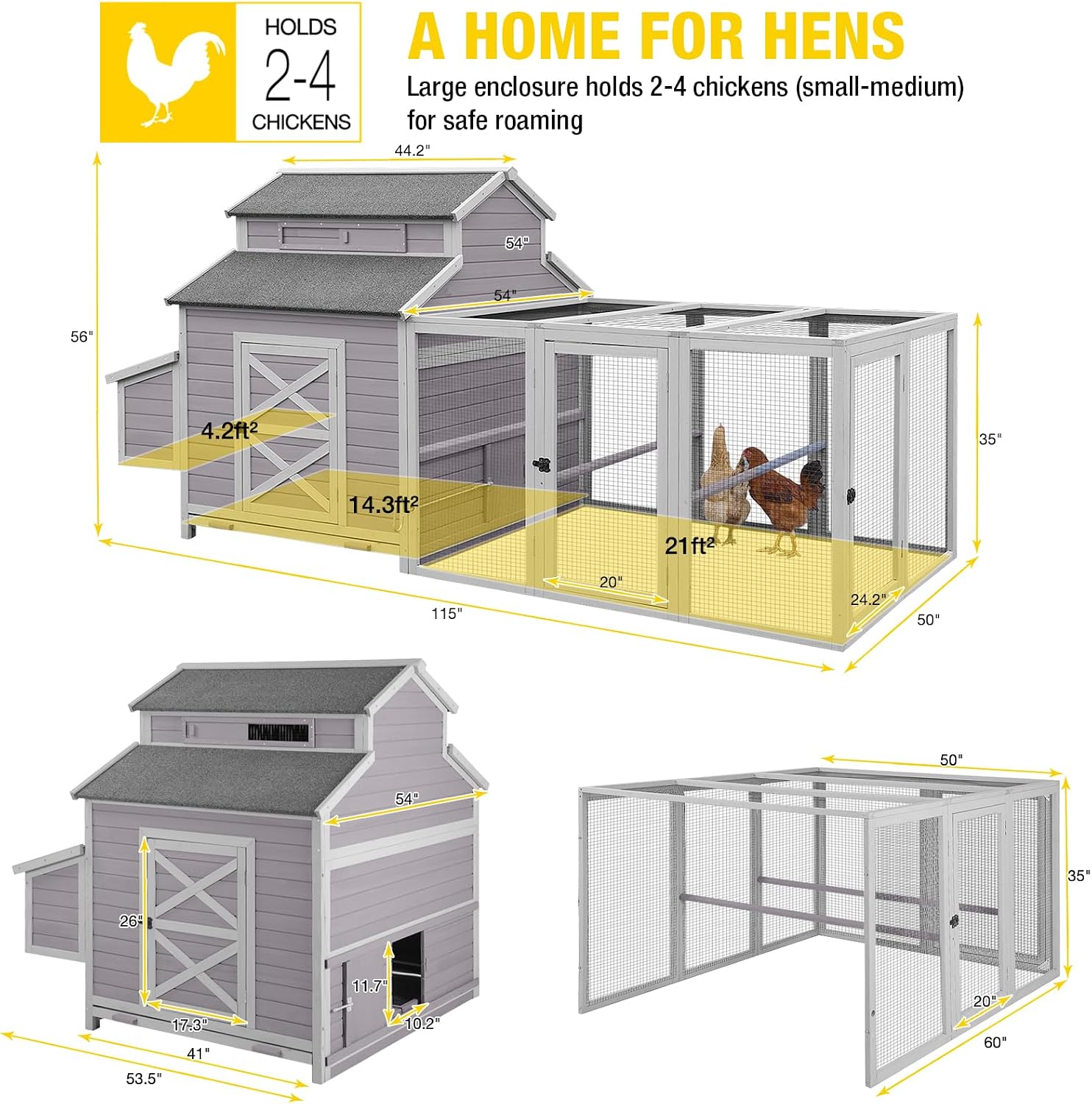 Aivituvin Chicken Coop Large 115" Wooden Chicken House with Run for 8-10 Chickens, Duck House Outdoor Poultry Cage with Nesting Box, Removable Tray, Waterproof Roof, Secure Hen House