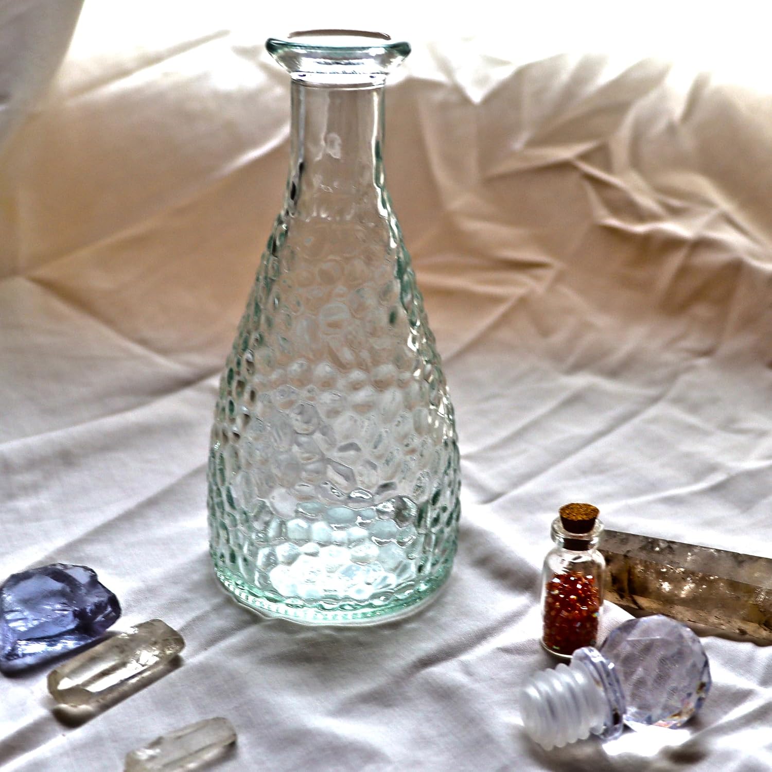 Clear Hammered Glass Decorative Bottle with Stopper, 6.9 Inch