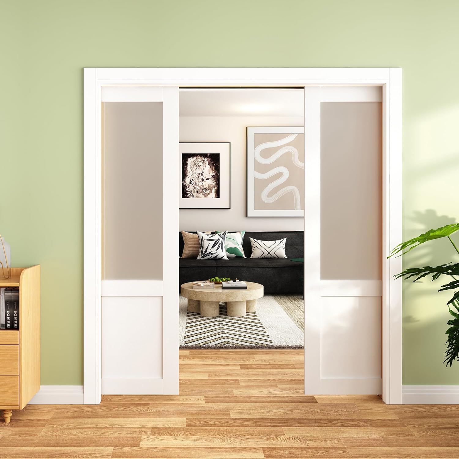 JUBEST 72"x96" Double Pocket Door, 2 Set of 36 x96 2-Panel Frosted Glass Sliding Pocket Door