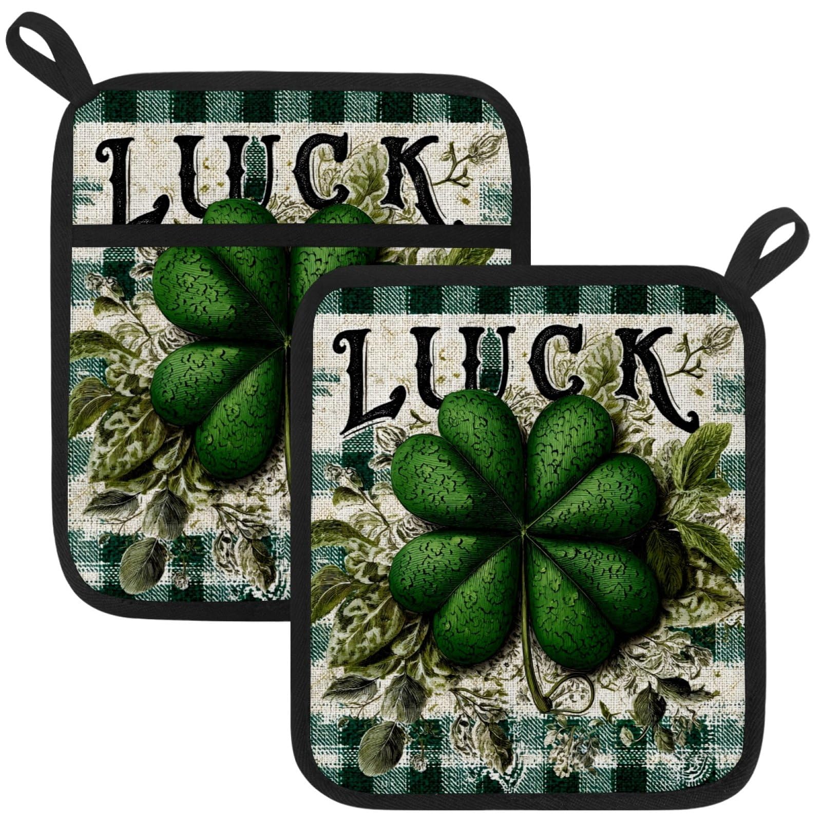 VAPOKF St. Patrick's Day Shamrock Heat Resistant Pot Holders, Thick Pot Holders Pad with Hanging Loop for Kitchen, Oven Cloth Pads for Kitchen Baking Microwave Oven