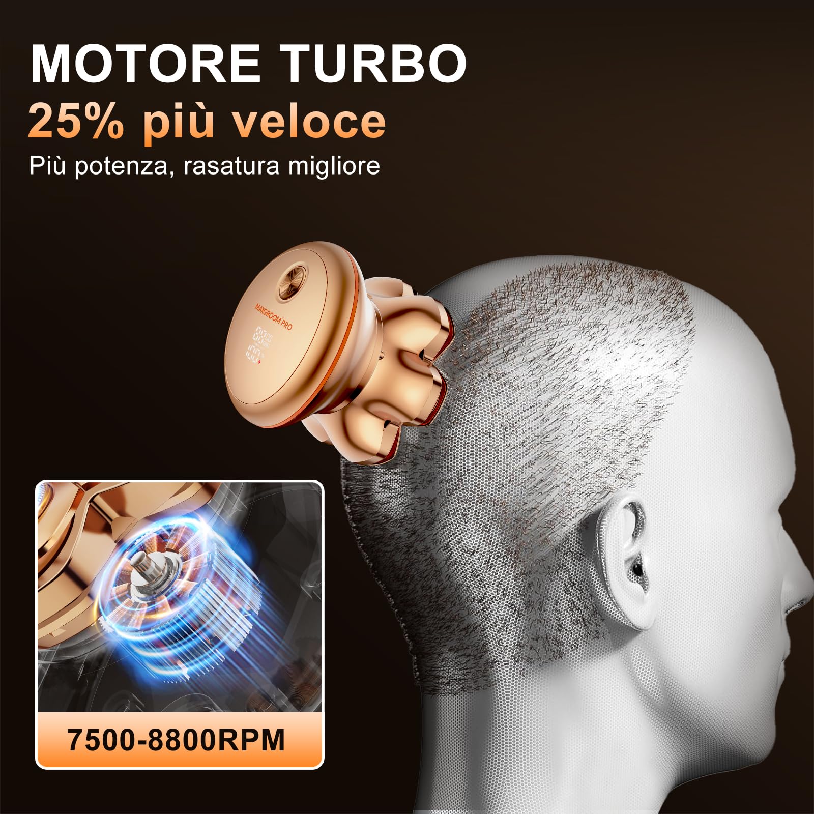 MAXGROOM 7D Rasoio Testa Calva 2 Velocità 7000RPM & 6600RPM, 2026 Rasoio Elettrico Capelli Uomo Rasa Capelli Uomo a Zero Assoluto, Shaver Capelli, Regalo per Papà e Marito (Oro)