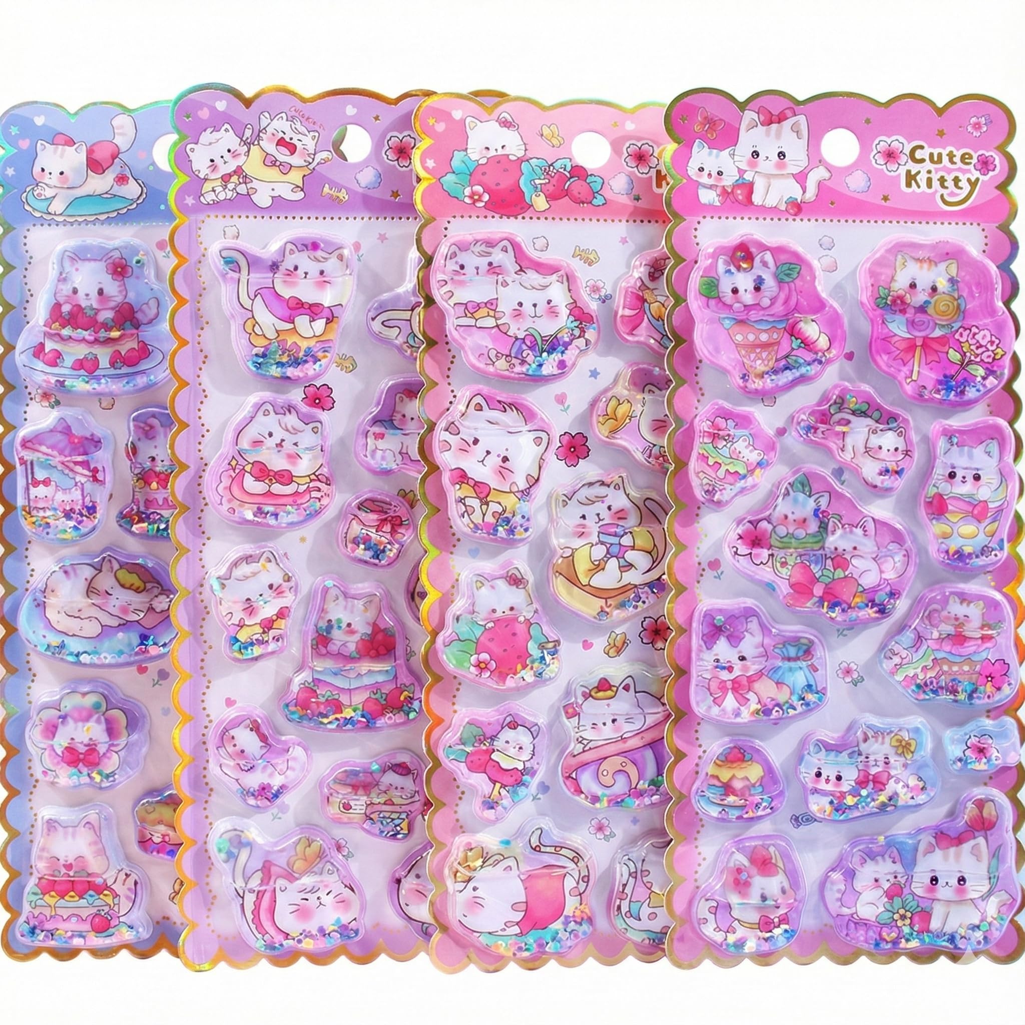 【4枚セット】ウォーターシール 3D 水入り ぷくぷくシール ぷっくり 立体 デコ ステッカー ドロップ キャンディ風 スマホケース 手帳 デコレーション 猫 女の子 かわいい