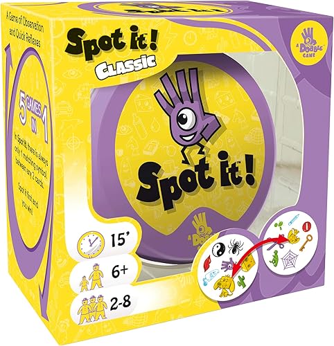 Miniatura 1 de Spot It! Juego de cartas clásico  Juego para niños  A partir de 6 años  2 a 8 jugadores  Tiempo de juego promedio de 15 minutos  Embalaje morado y