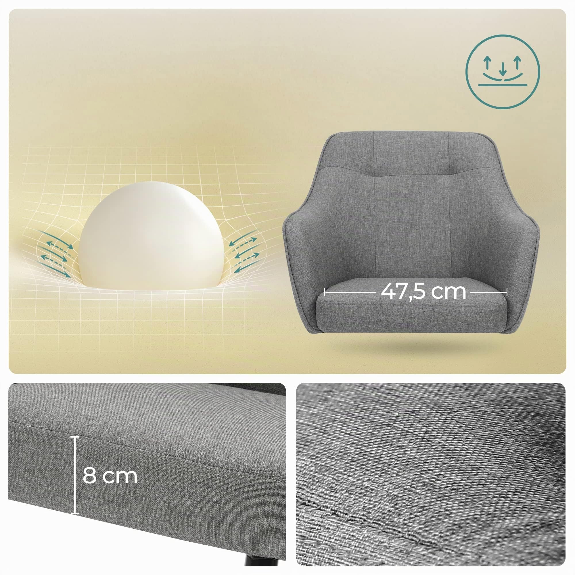 SONGMICS Juego de 2, Silla de Estudio, Silla Giratoria, Altura Ajustable, Carga de 110 kg, Marco de Acero, Tela de Algodón-Lino Transpirable, para Estudio, Dormitorio, Gris OBG919G01 | Ajustable en altura, con ruedas, capacidad 110 kg, para habitación, to