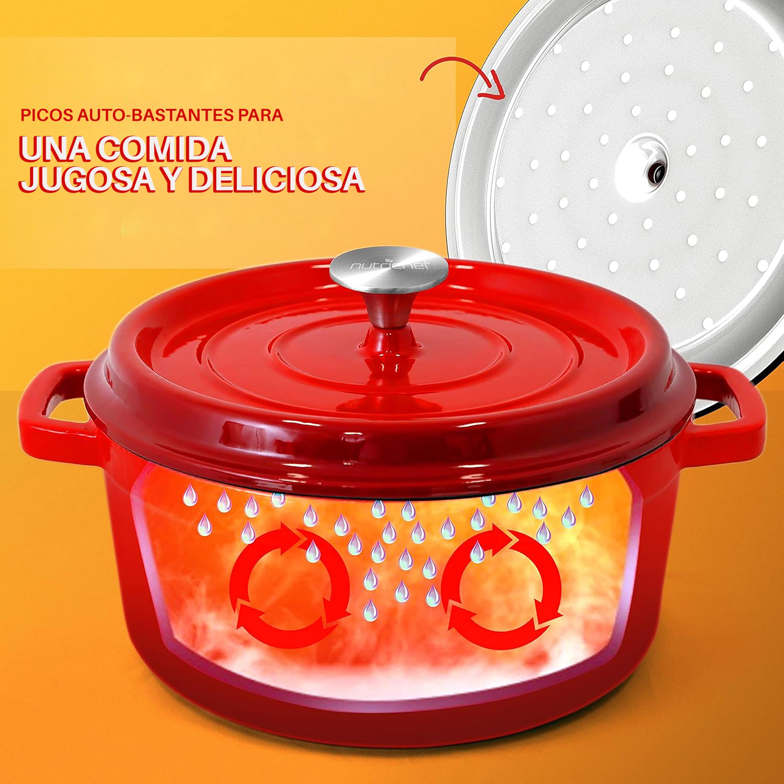 Nutrichef Olla de hierro fundido, Redonda, Esmaltada, 5 cuartos, Recubierta de porcelana, Con tapa