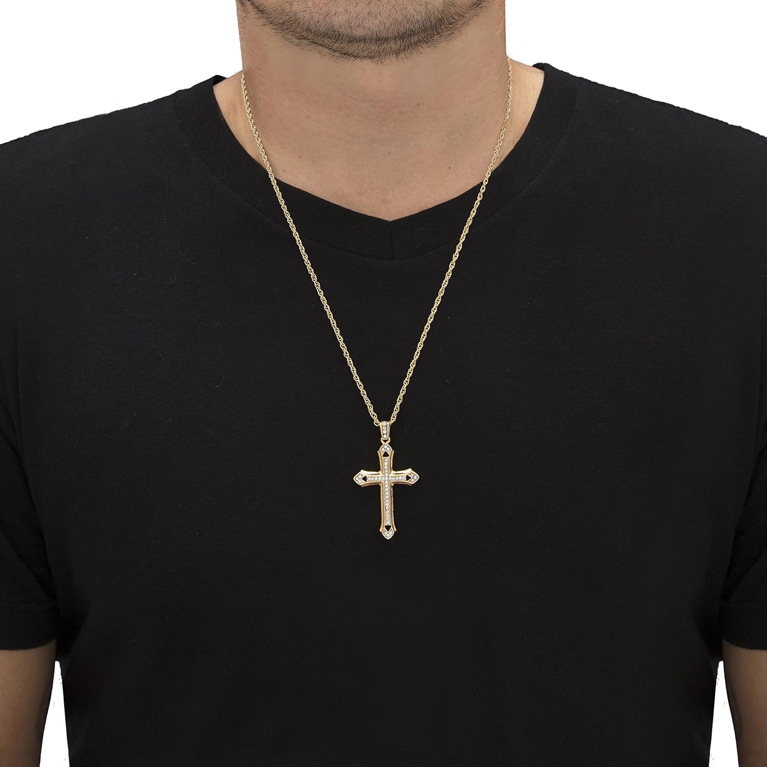 PalmBeach Men's Goldtone Round Crystal Cross Pendant (32mm) with 24 inch Chain