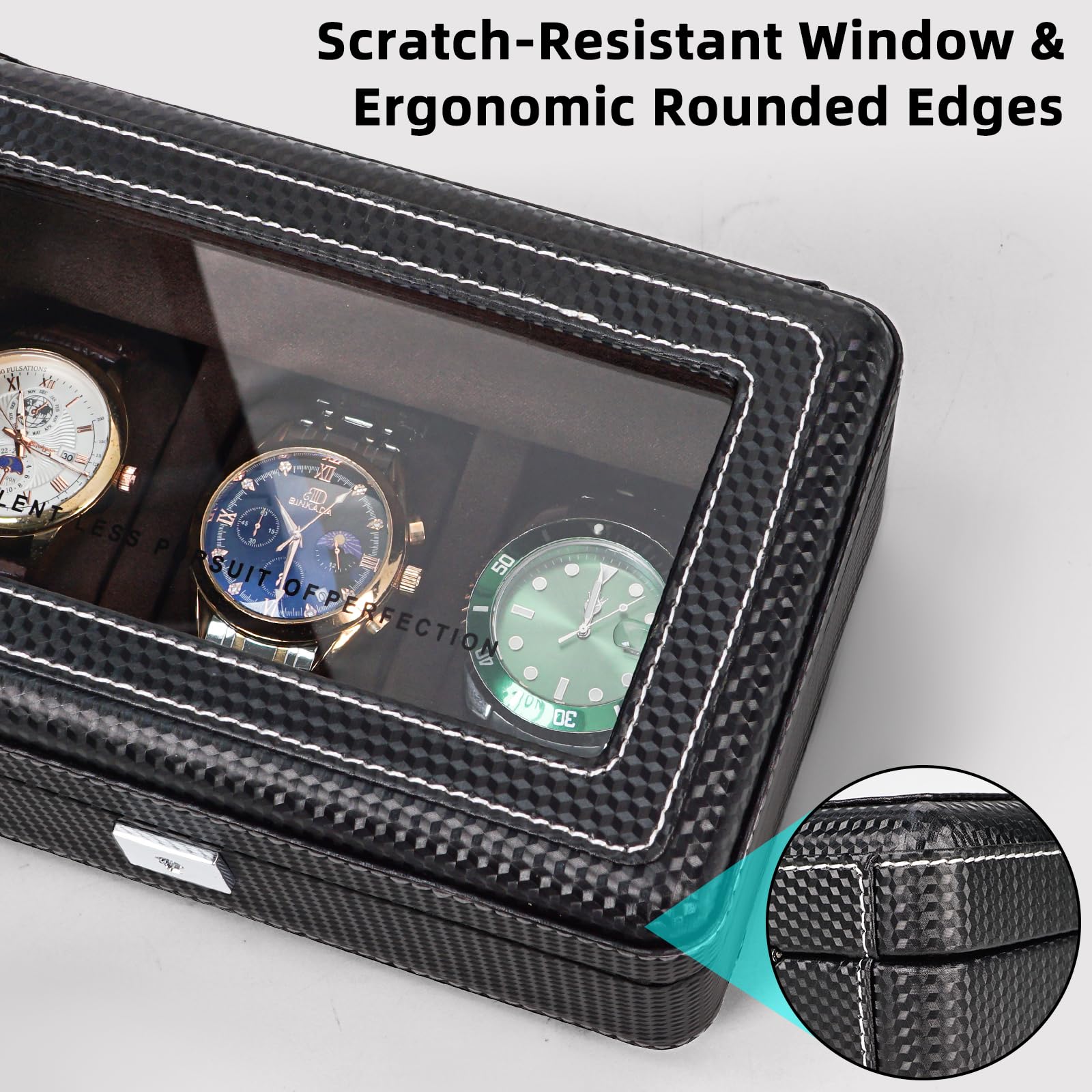 Scatola per orologi in pelle di alta qualità in fibra di carbonio per 3 orologi, con serratura, portatile, con vetrina, regalo ideale per collezionisti di orologi, viaggiatori, in velluto