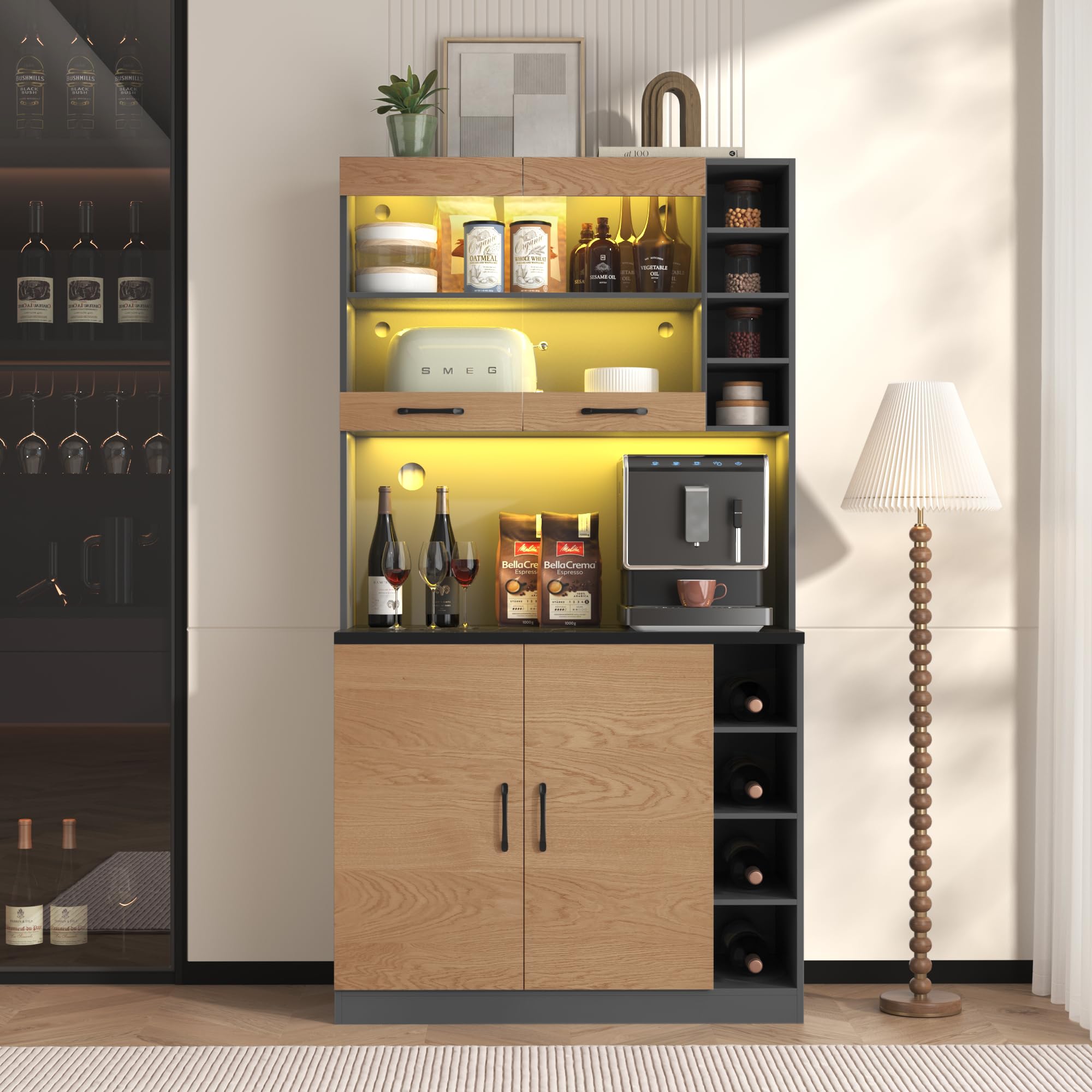 BTM Wooden Kitchen Tall Storage Cabinets with LED Pantry Kitchen Larder Cupboard Freestanding for Dining Rooms, Living Room, Natural