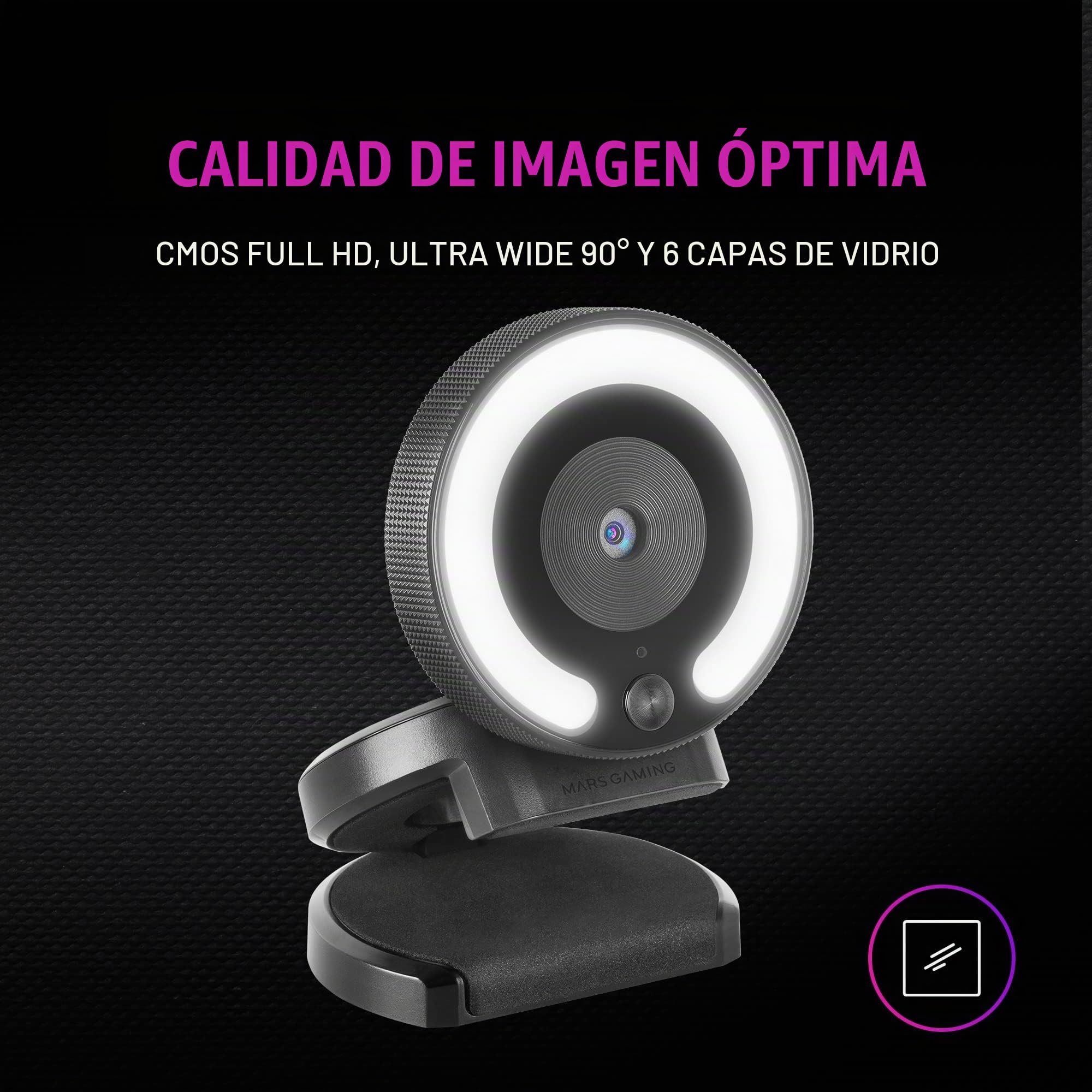 Mars Gaming MWPRO Negro, Webcam Full HD, Óptica 90º, Anillo Iluminación, Micrófono HQ