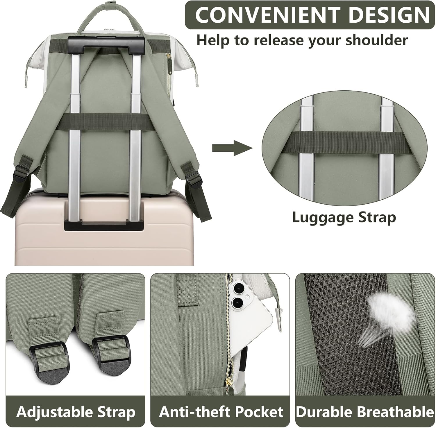 Laptop Backpack Women Work Bag: 15.6 inch Work Bookbag with USB Charging Port Large Travel Backpack Purse for College Nurse Casual Daypack for Teacher Professional Computer Backpack Beige Light Green