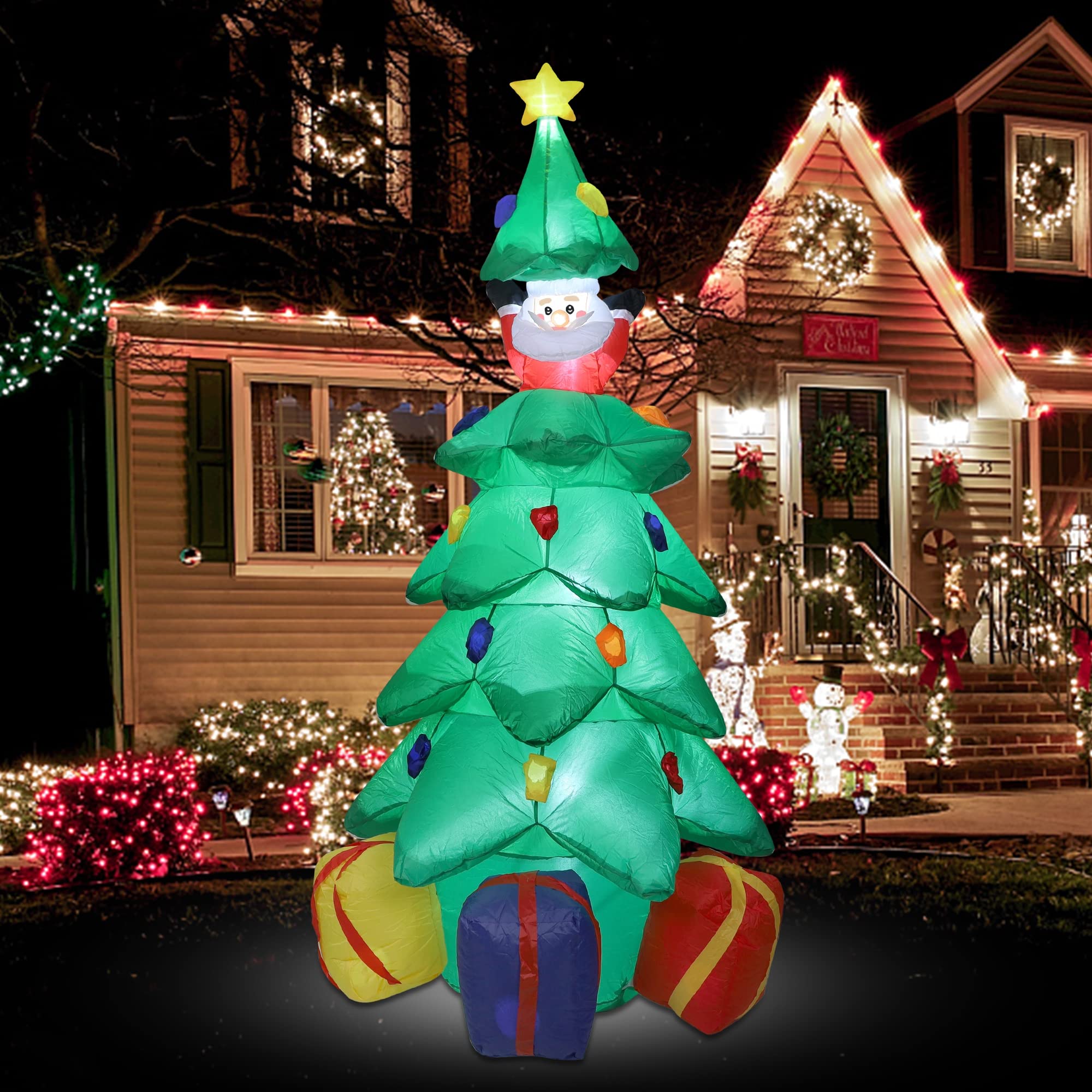 8FT Christmas Inflatable Tree Huge With Cute Santa Claus Snowman 3 Wrapped Gift Boxes, 9 String LED Light Up Christmas Outdoor Decorations Blow Up Decor For Xmas Indoor Party Yard Garden Lawn