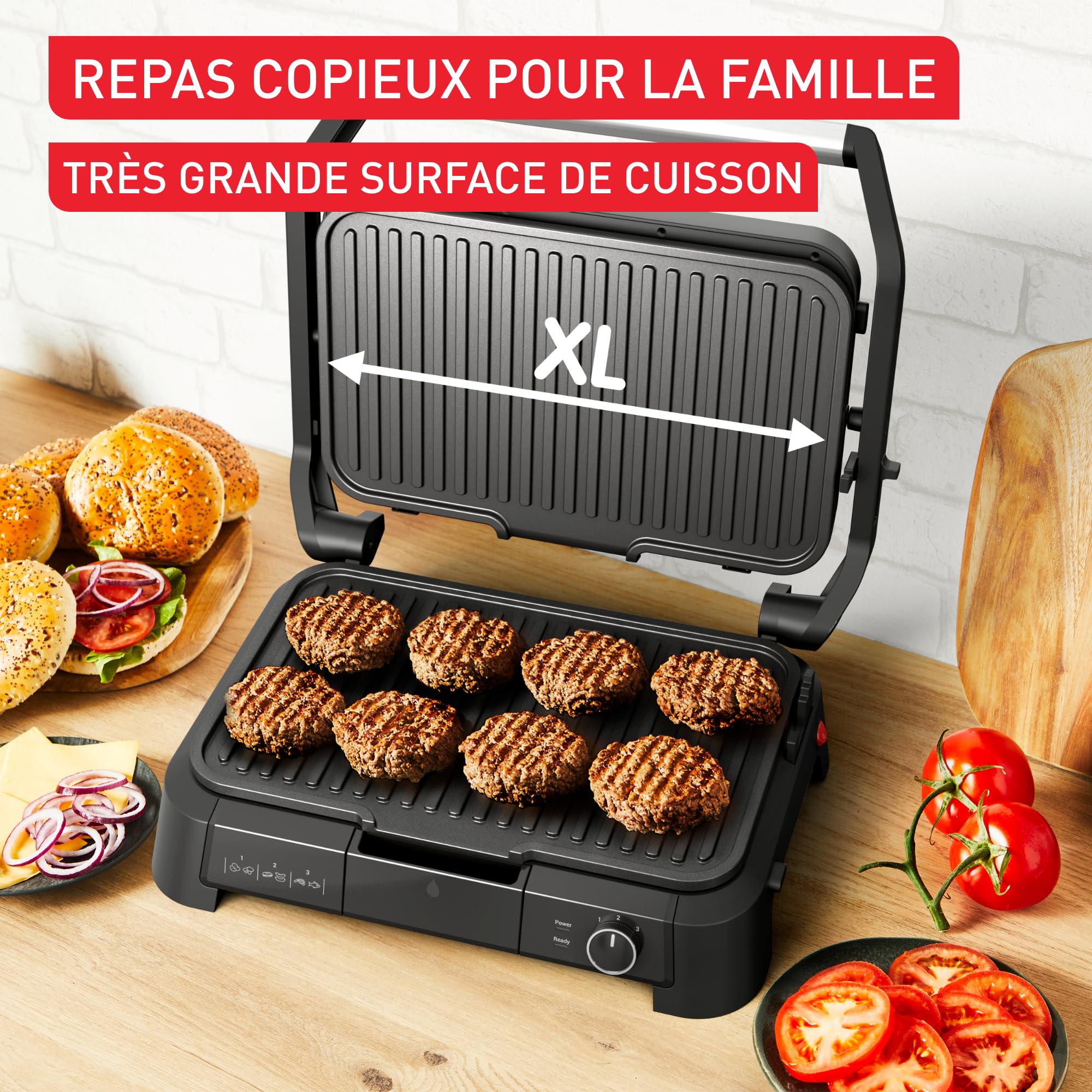 TEFAL GC520D SuperGrill 3w1, funkcja BBQ, pozycja pieca z 3 wysokościami, powierzchnia grillowania 800cm², regulowany termostat, 3 poziomy temperatury, powłoka zapobiegająca przywieraniu