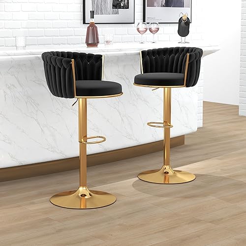 Miniatura 3 de Gold - Juego de 2 taburetes de bar giratorios de terciopelo, taburetes de bar tejidos en altura ajustable con respaldo hueco, taburetes de cocina