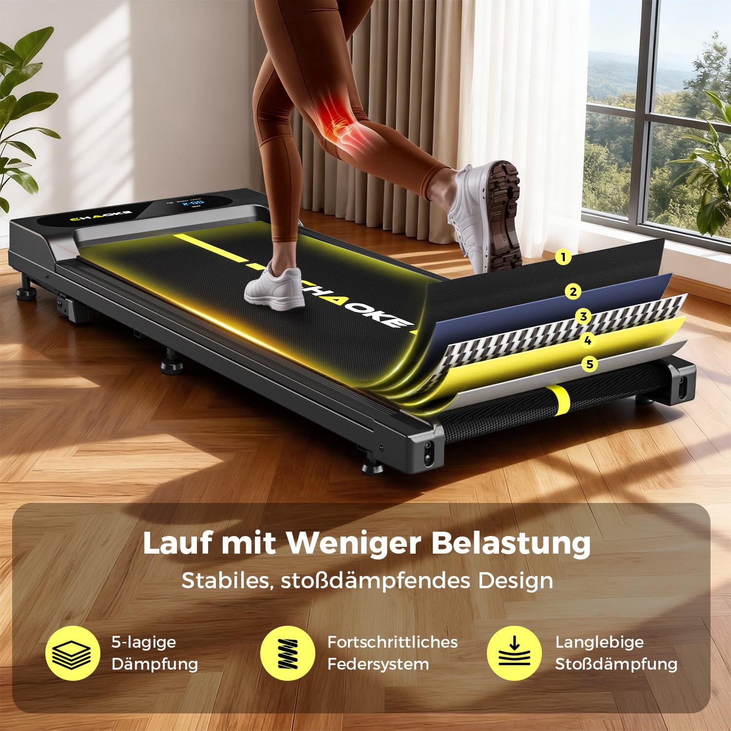 CHAOKE Walking Pad mit Steigung 9%, 1-10 km/h Laufband für Zuhause mit APP, 2.75HP Walking Pad Cardio für Home-Office mit Eingebaute Lautsprecher, LED-Anzeige, Leise Schreibtisch Laufband
