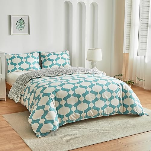 Miniatura 2 de Juego de funda de edredón tamaño Queen  Juego de ropa de cama reversible de 3 piezas con hojas florales onduladas, color gris y azul, microfibra