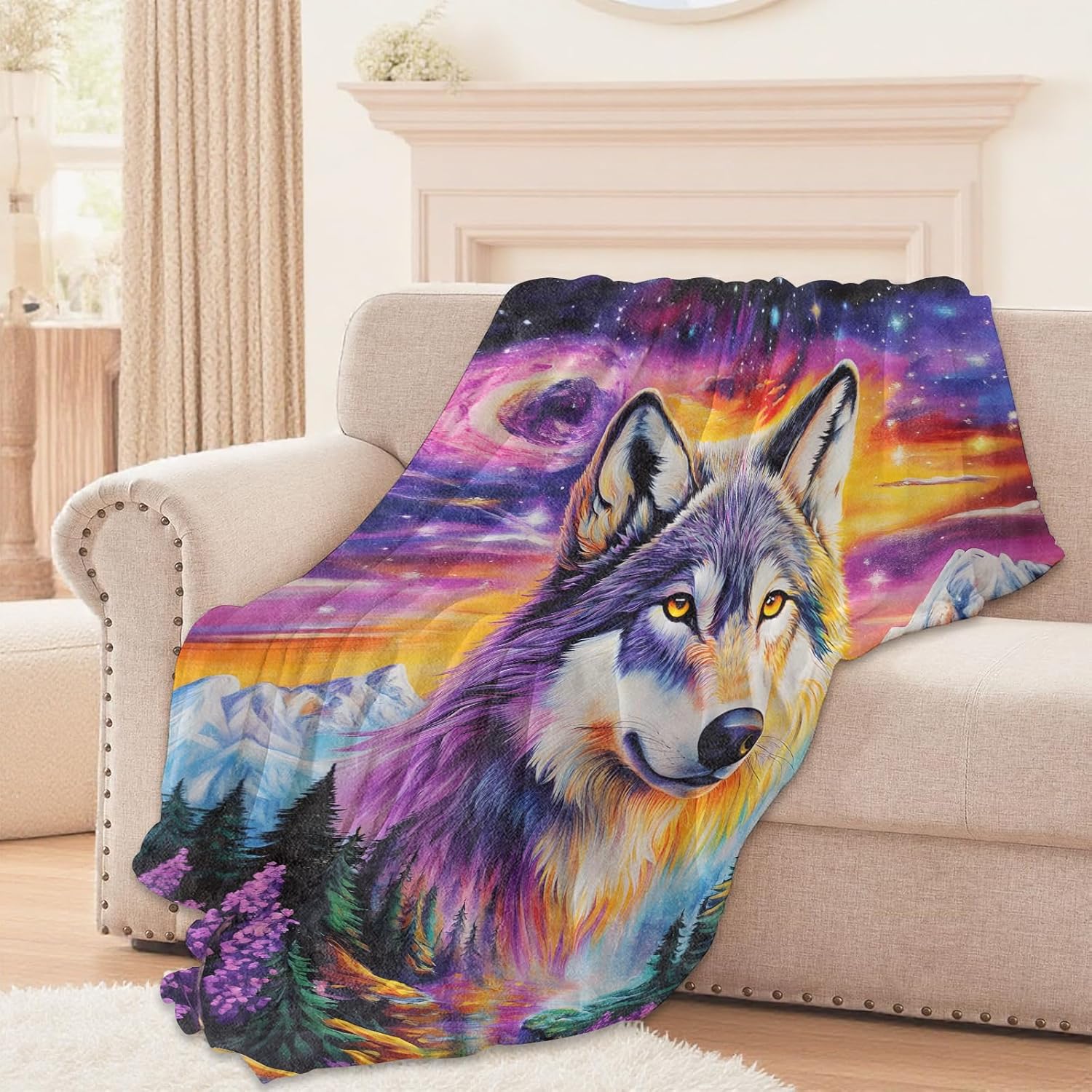 Cosmic Wolf Blanket, Lightweight Comfy Mystical Wolves with Galaxy Sky Blankets for Couch Sofa Bedroom, Soft Plush Travel Flannel Throw Blanket Gifts for Adults Kids Women, Home Decor 60×50in - Image 2