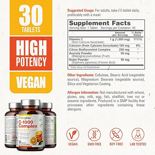 Miniatura 4 de Vitamina C-1000 mg 30 tabletas Complejo - Vegano con calcio cítrico Bioflavonoides Acerola Rutina - Apoya la salud inmunológica