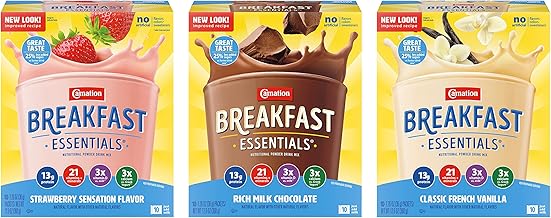 Carnation Breakfast Nutritional Powder Drink Mix Variety Pack, 1 Strawberry, 1 Rich Milk Chocolate, 1 Classic French Vanilla, 10 CT Packets Per Box (3 CT)