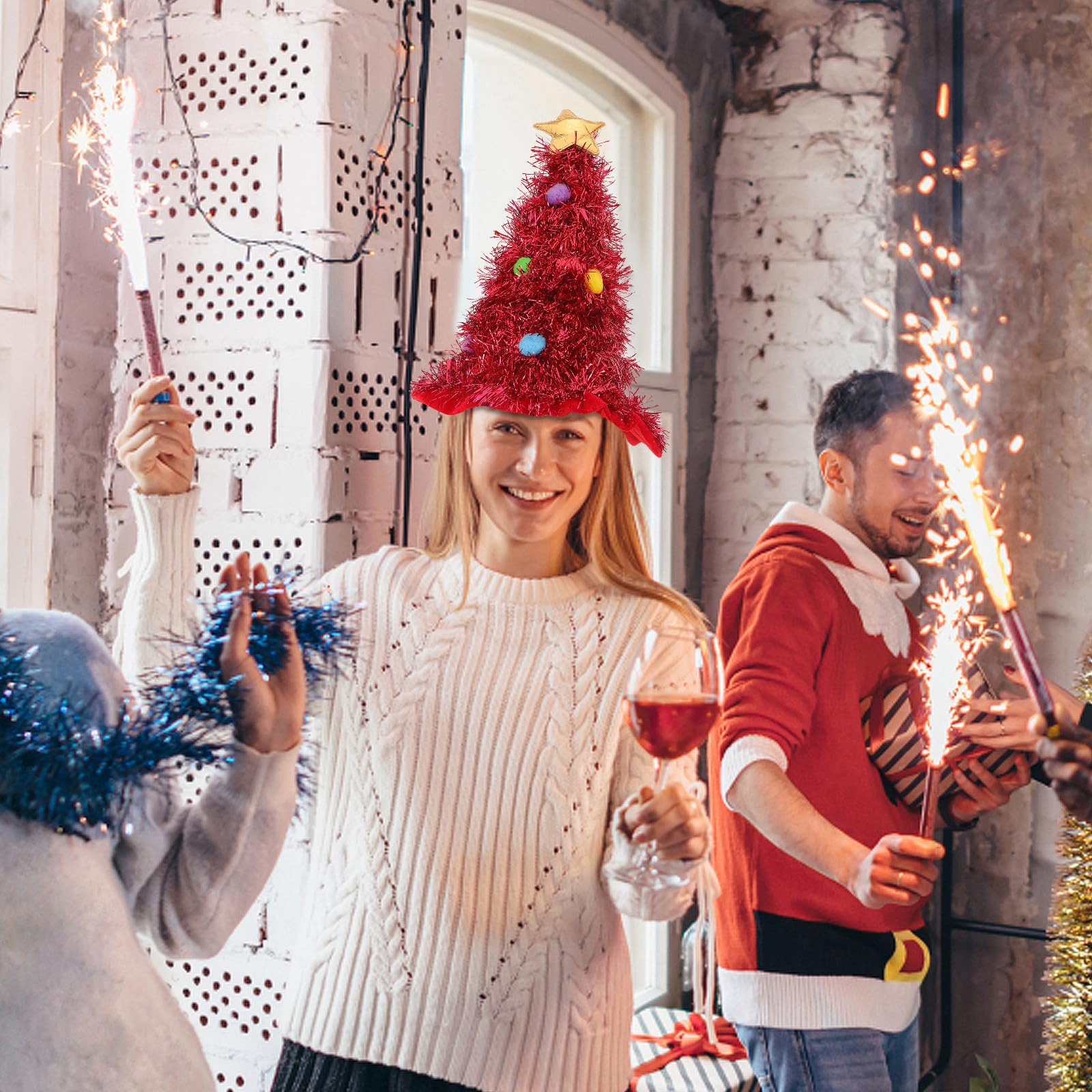NUOBESTY 5 Pezzi Cappello di Natale Albero Rosso in Feltro con Grande Tesa