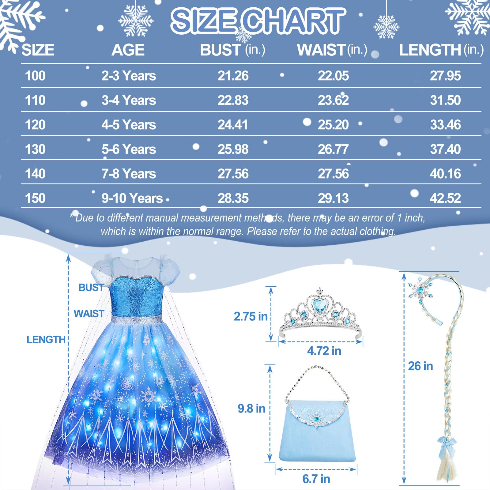 Davvew Abito da Principessa per Ragazze, Costume Luminoso a LED, Corona Magica con Bacchetta Magica per Feste in Carnevale, Halloween, Natale