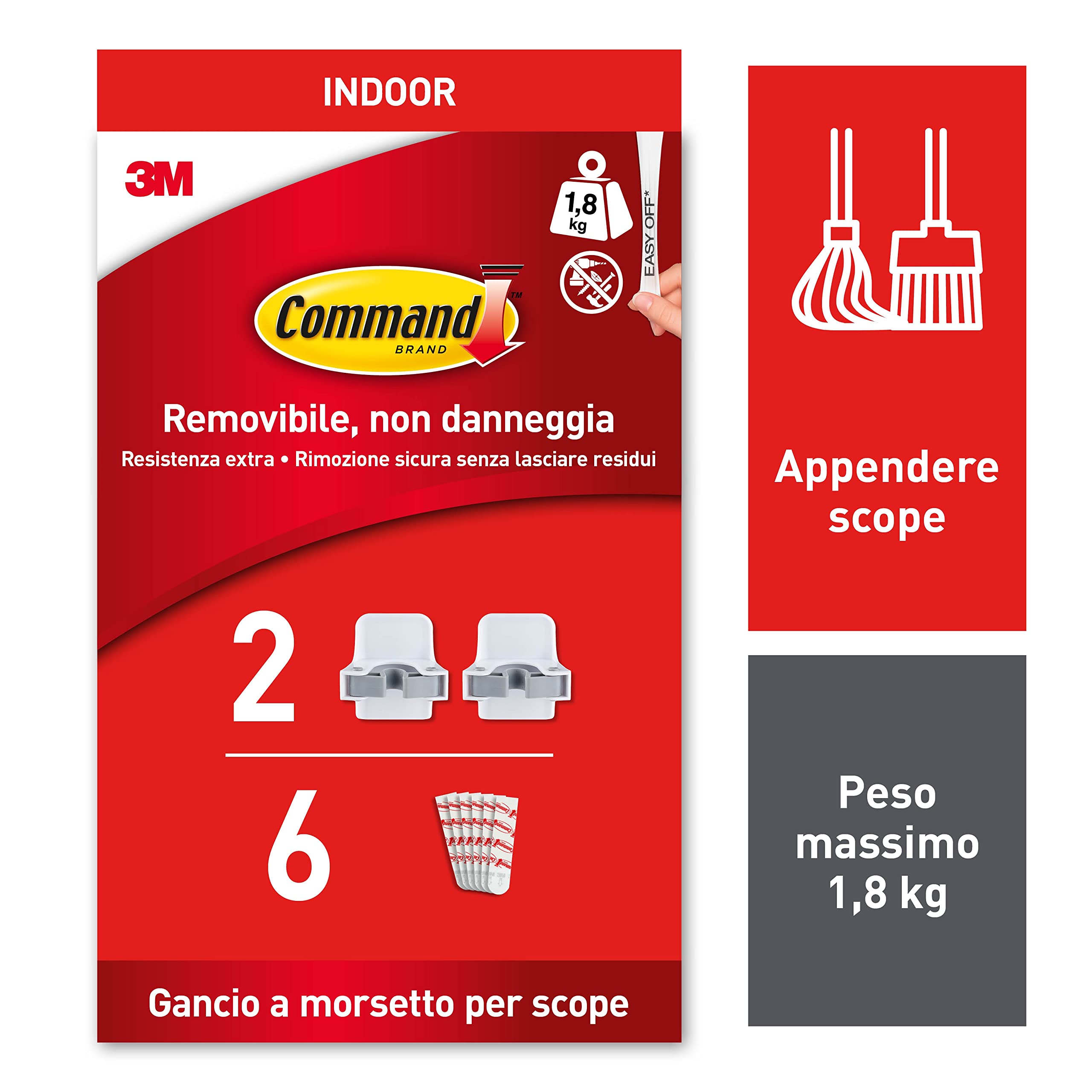 Command Broom Gripper, 2 Broom Holders and 6 Adhesive Strips - Suitable for Storing Brooms and Mops - Damage Free Hanging (Packaging may vary)