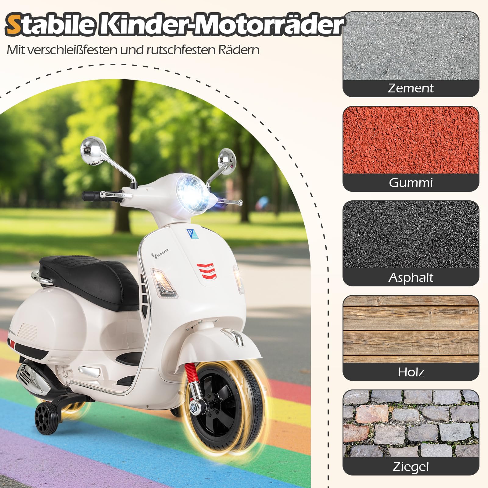 COSTWAY Kinder Motorrad Elektrisch, Vespa 12V Motorrad mit LED-Scheinwerfer & Hupe, 2-3 km/h Elektro Kindermotorrad mit Stützrädern, Elektrofahrzeug für Jungen & Mädchen von 3-6 Jahren (Weiß)