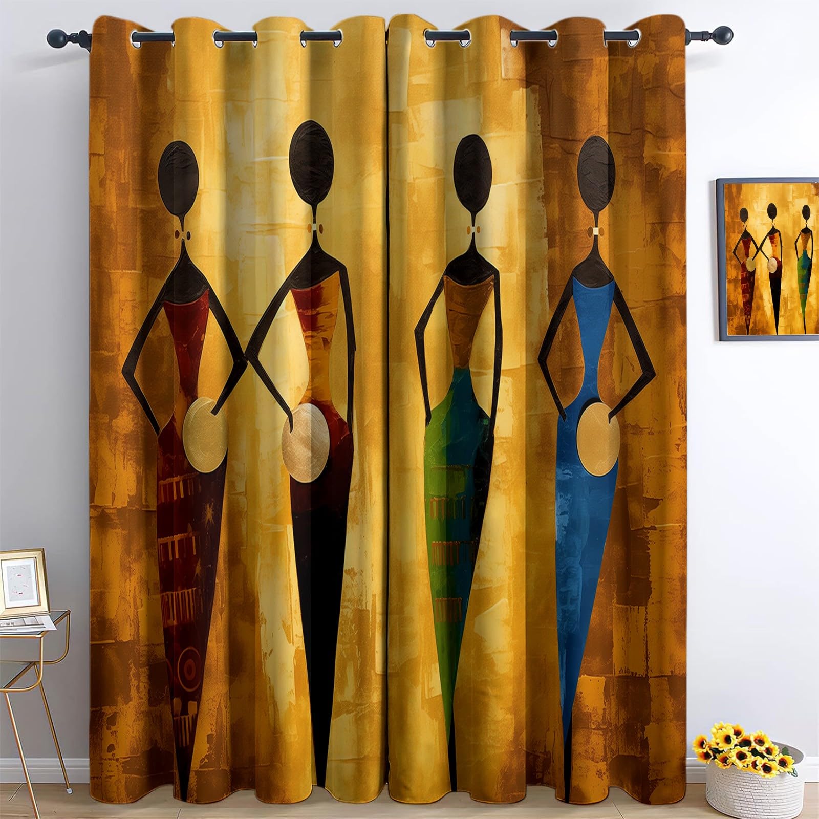Tende Oscuranti per Interni 2 Pezzi 140x260 cm (LxA), Africa Donna Astratta Tenda Coprente per Soggiorno, Termiche Isolanti Oro Tendaggi per Interno Finestra per Salotto Cucina