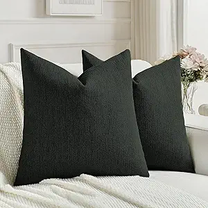 FUTEI Black Chenille Decorative Throw Pillow Covers 20x20 Inch Set of 2,Soft Cozy Faux Linen Textured Cushion Case,Farmhouse Home Decor for Couch Living Room